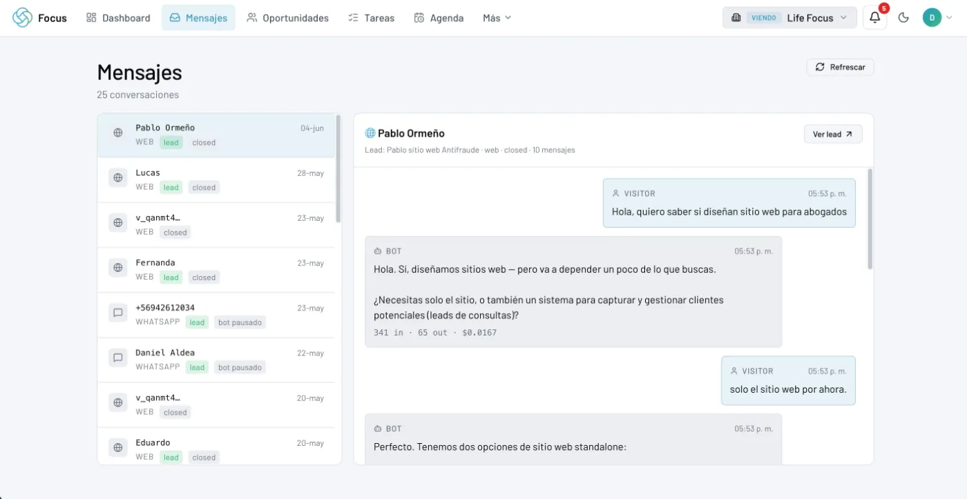 Conversaciones del chatbot en el inbox del CRM