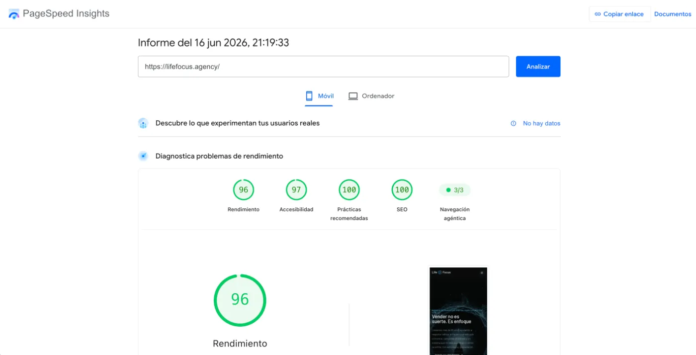Pagespeed test de Life Focus